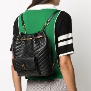 Tory Burch Black Quilted Leather Drawstring Backpack with Gold Chain Trim